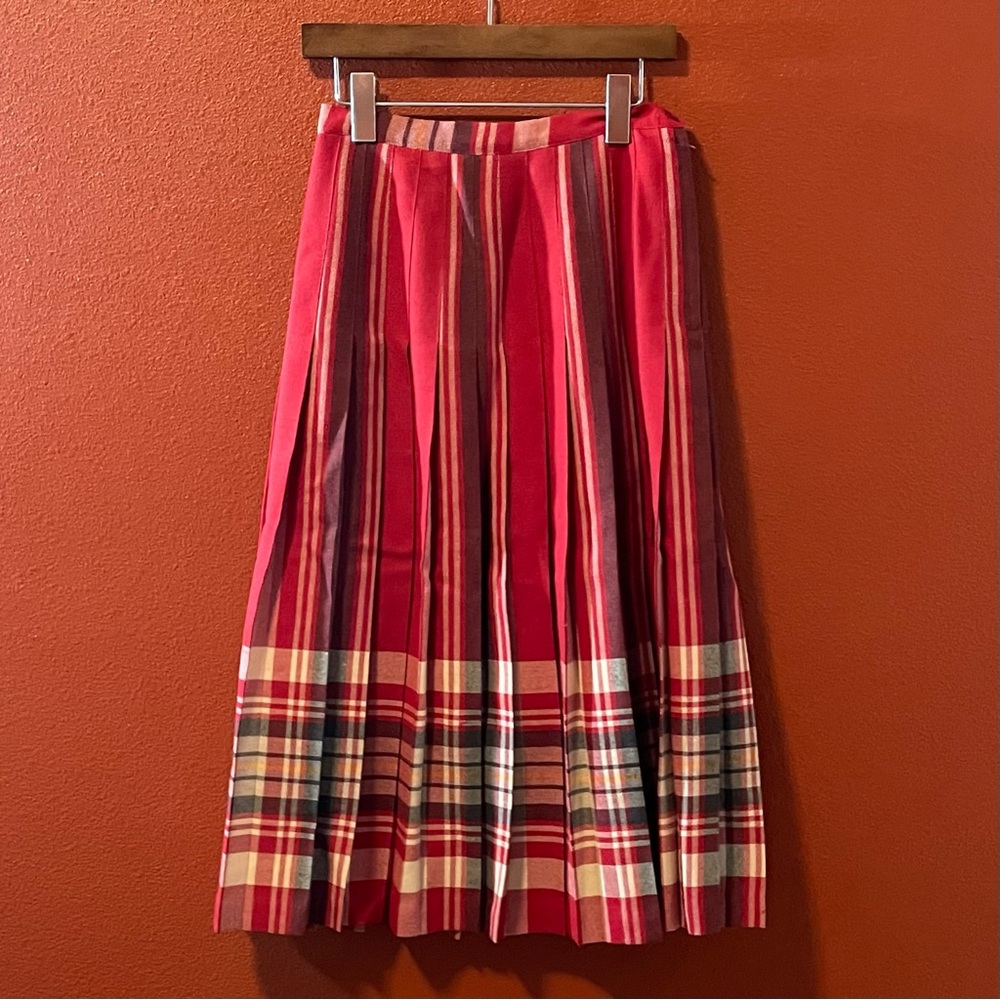 Red Striped & Plaid Maxi Skirt with Pleated Hem
